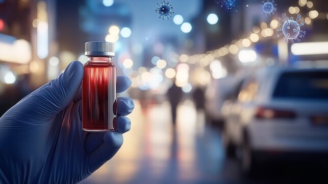 A scientist in gloves holds a glowing red vial amidst a bustling urban setting, showcasing advanced pharmaceutical research with DNA and virus holograms