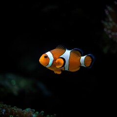 Vibrant orange clownfish swimming in dark ocean habitat