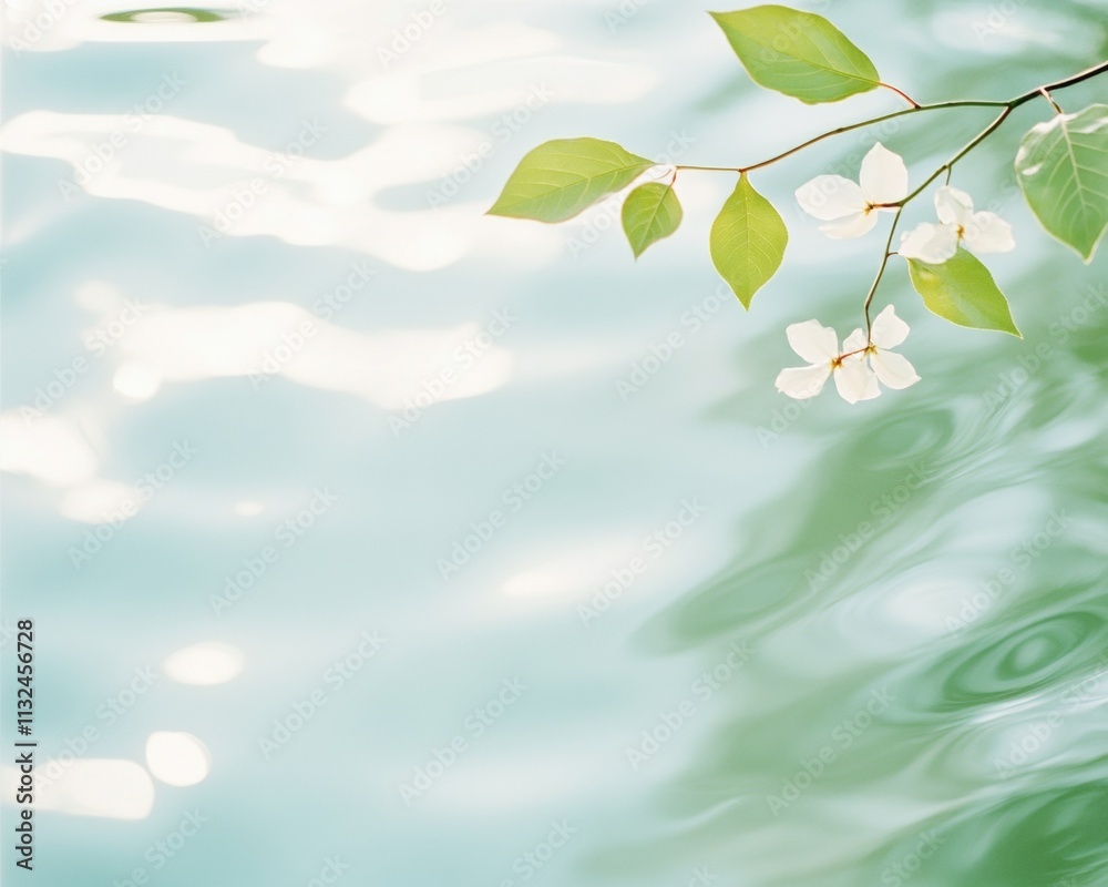 Aufkleber surreal river reflection with floating blossoms in muted tones