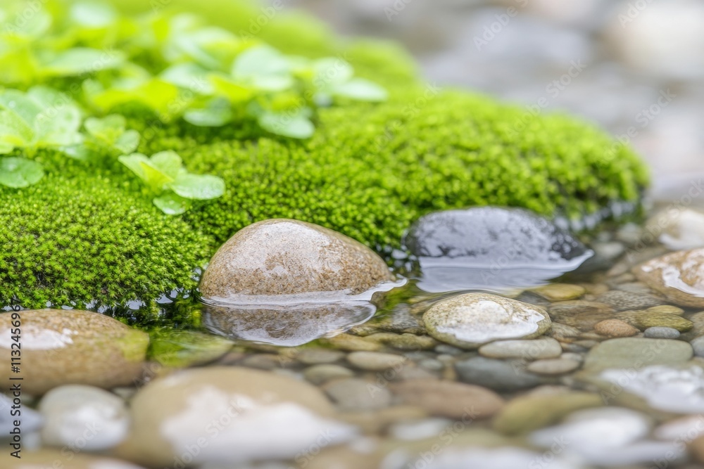 Poster Serene Stream Ecosystem Pebbles and Moss in Diffused Light