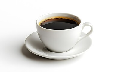 Naklejka premium A full cup of black coffee sits on a white saucer against a white background.