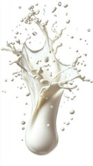 Obraz premium Close-up of creamy milk splashes forming smooth waves and drops, with a vivid countryside background featuring a picturesque farm and fluffy clouds.