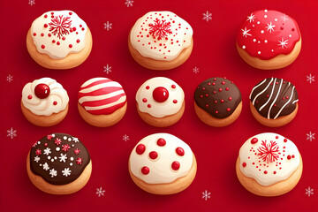 Twelve assorted Christmas donuts on red background.