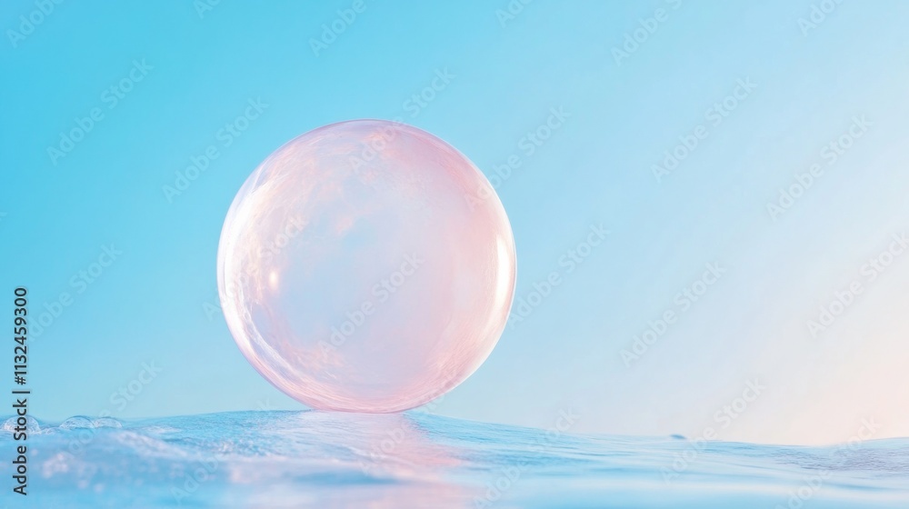 Poster translucent orb with fluid textures and soft gradients in pastel blue background