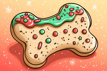 Festive bone-shaped cookie with red and green icing, sprinkles.