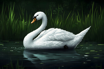 Elegant white swan gracefully swimming in dark, calm water, surrounded by lush green reeds.