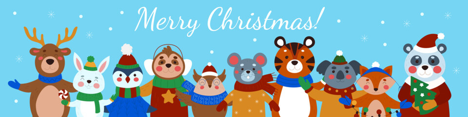 Naklejka premium Kawaii childrens New Year. Christmas characters. Happy penguin or panda. Smiling sloth. Cute mammals with scarves. Kids adorable cubs. Xmas background. Winter baby ornament. Vector tidy holiday card