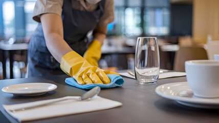Table setting at a restaurant with a couple dining and coffee in a cozy cafe interior