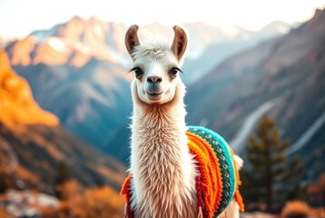 Fototapeta premium A cheerful llama, draped in colorful blankets, gazes into the distance, surrounded by majestic mountains and a warm sunset glow, evoking a sense of serenity