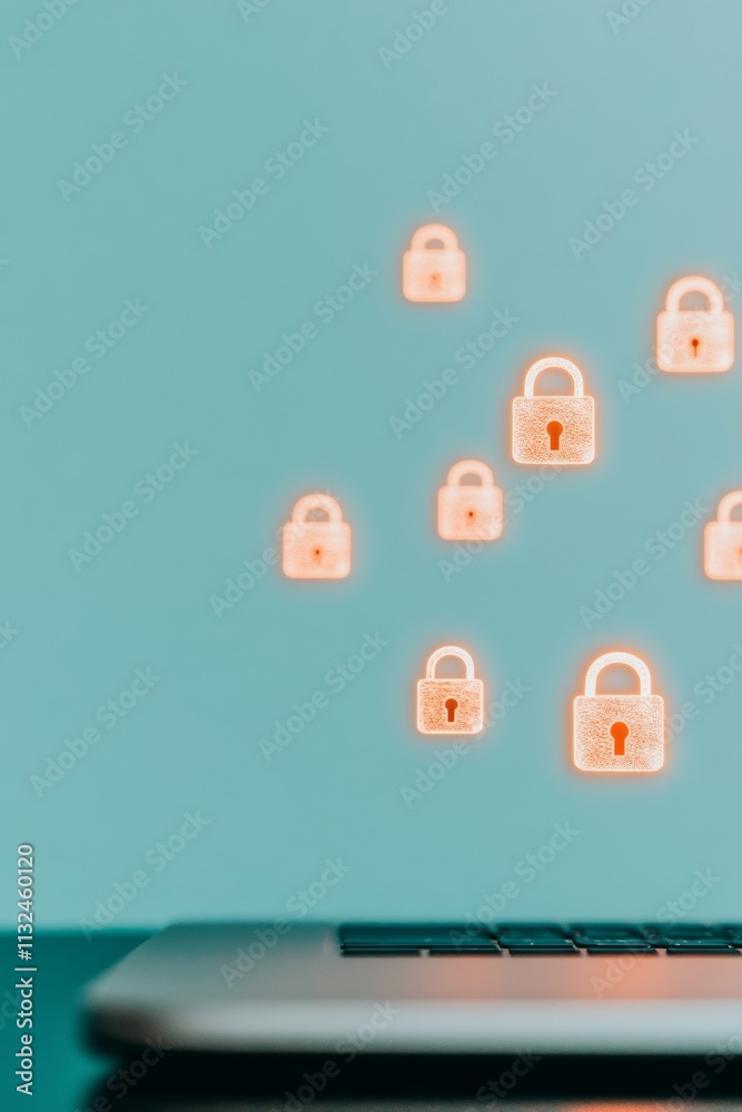 Poster minimalistic cyber security concept with glowing lock icons above laptop on reflective surface
