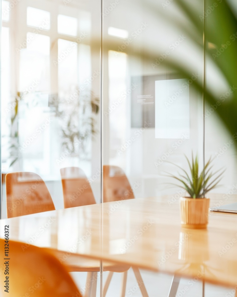 Poster minimalist office setting with glass partitions and warm tones