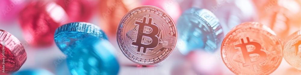 Aufkleber vibrant crypto coin arrays reflecting on abstract surfaces in geometric minimalism