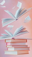 A book flying in the air above a stack of hardcover books. 3d rendering. Back to school, education concept. Image in pastel colors.