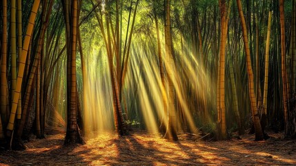 Obraz premium Dense bamboo forest with sunlight streaming through, casting light and shadows