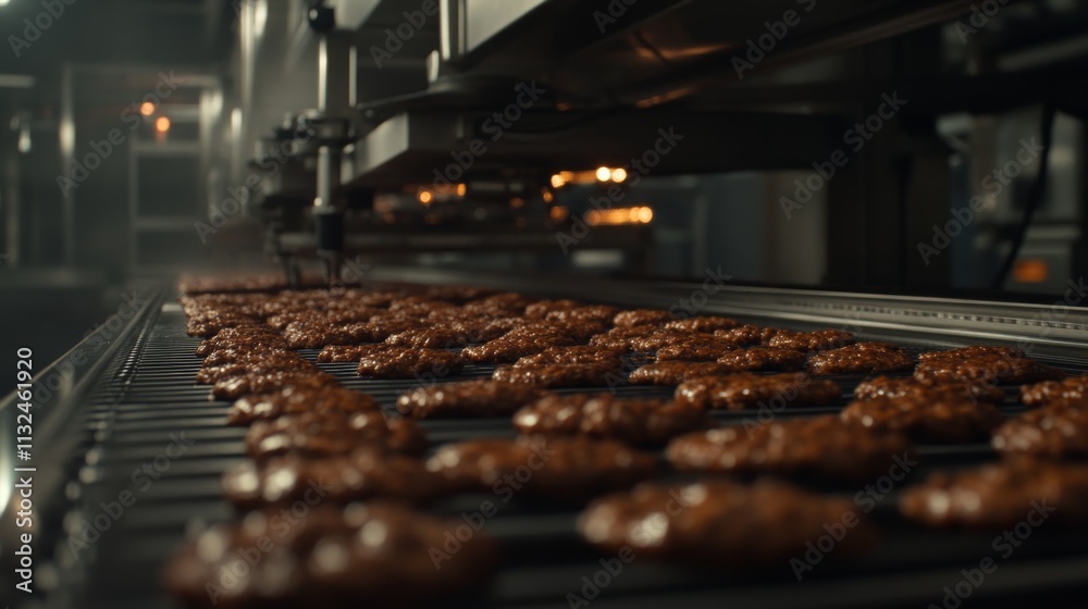 Poster automated food processing machine operates efficiently, highlighting shiny metallic parts and a conv