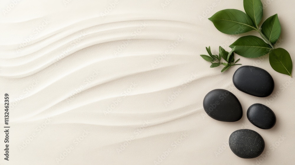 Poster a sage twig lays beside smooth pebbles on soft, rippled sand, creating a calming arrangement. earthy