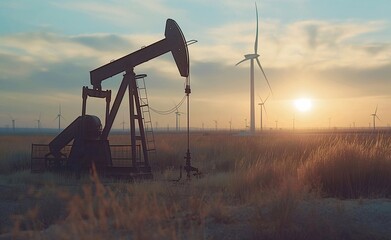 Oil pump in a field at sunset with wind turbines in the background, silhouettes, energy industry background