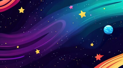 Fototapeta premium Adorable flat style vector space background with twinkling stars and outer space elements – cute cosmic design template for digital projects