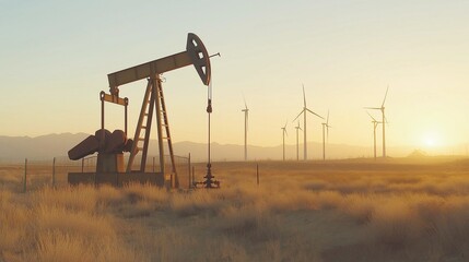 Fototapeta premium Oil pump in a field at sunset with wind turbines in the background, silhouettes, energy industry background