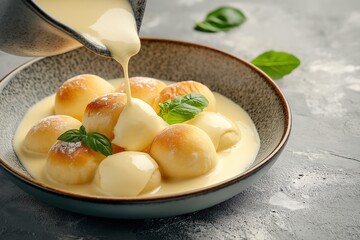 Delicious Creamy Sauce Being Poured Over Soft Dumplings in a Rustic Bowl with Fresh Green Herbs on a Textured Gray Surface
