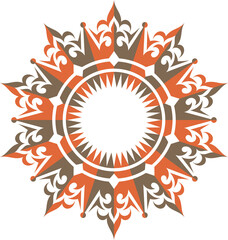 A Colorful mandala artwork featuring a symmetrical star-shaped design with a mesmerizing multicolor. Kaleidoscope of Colors. Multifaceted decorative Colorful rangoli design. Orange radial Coronation.