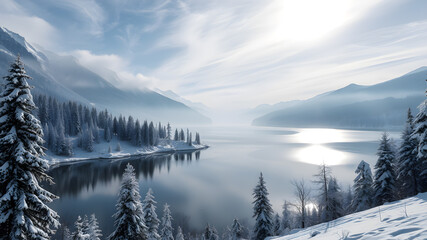 Fototapeta premium beautiful winter landscape with lake and snow trees and mountains. Generative AI