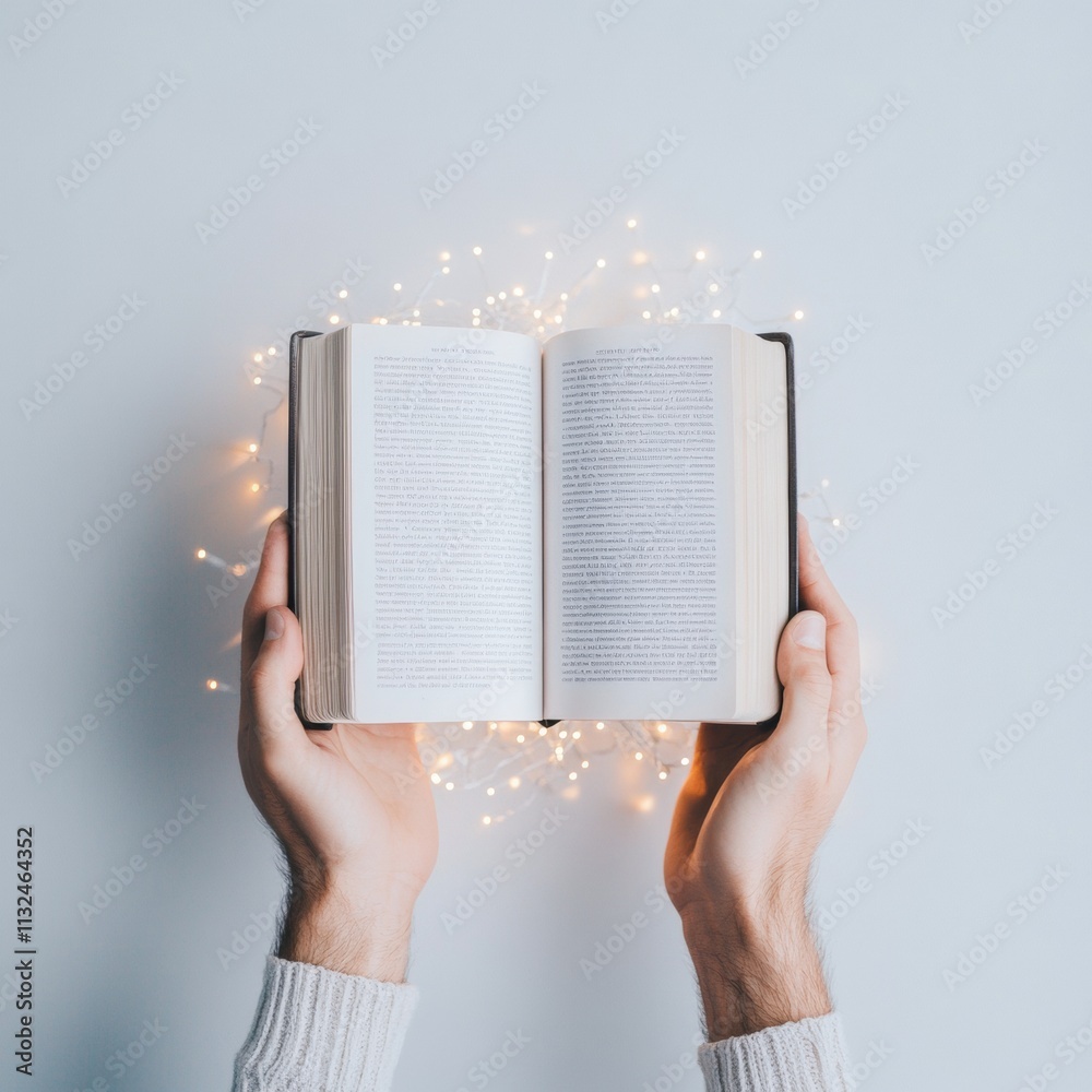 Poster hands holding open book with soft festive lights - cozy winter reading scene