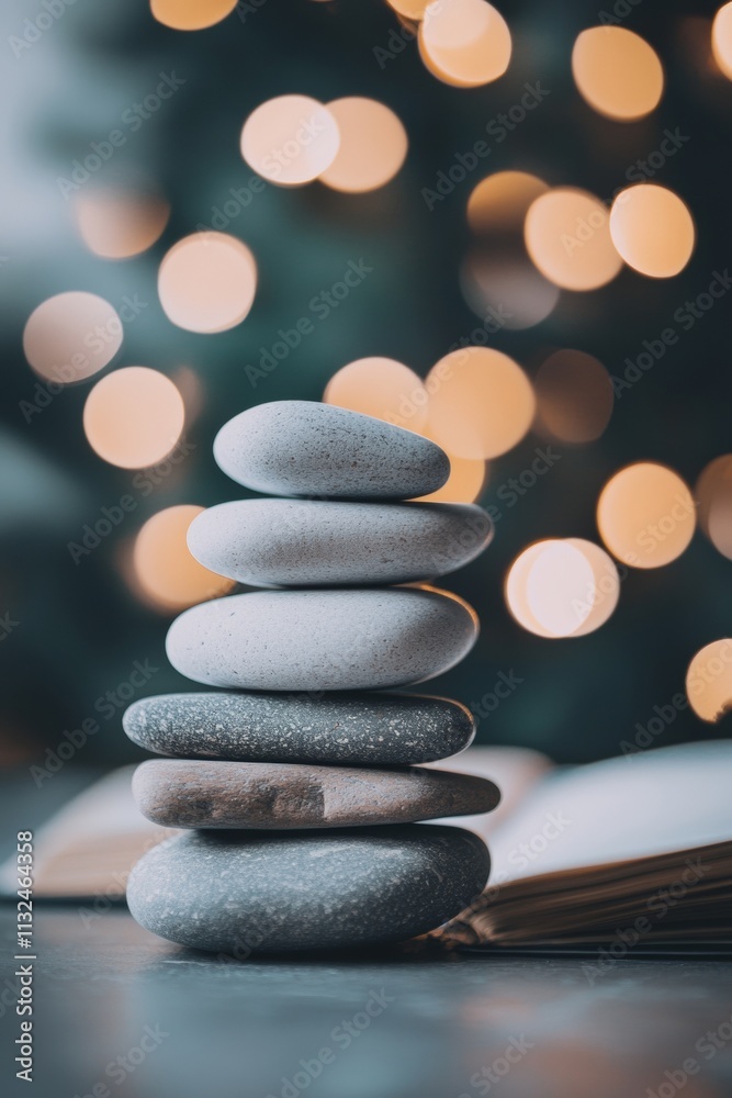 Poster serene stone balance with open books and warm bokeh lights