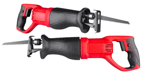 set collection of red black reciprocating sabre saw isolated  white background. DIY renovation power tools repair concept.