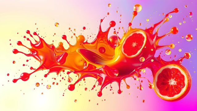 ivid Liquid Fruit Splashes on an Abstract Holographic Gradient Background, Rendered in Sharp 32K Detail with Shimmering Effects and Glowing Highlights