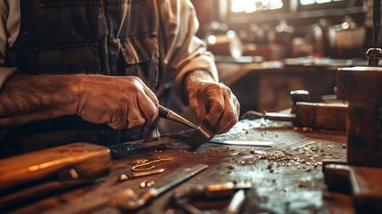 Hands of a craftsman jeweler working on jewelry goldsmith jewelery and valuable articles workshop
