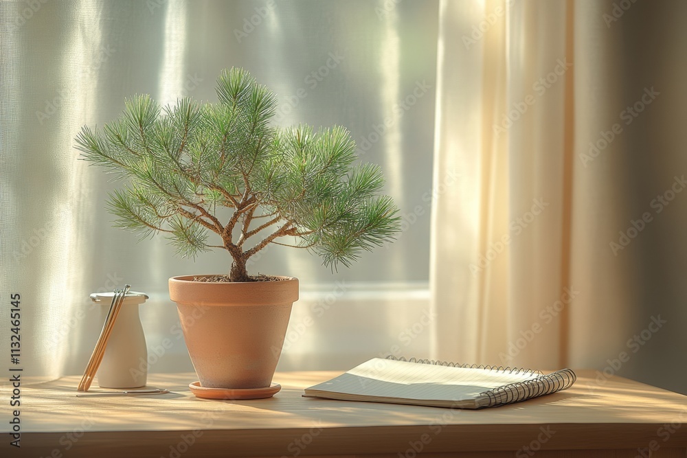Poster minimalist eco-friendly workspace with evergreen sapling in soft sunlight