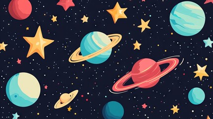 Naklejka premium Adorable flat style vector space background with twinkling stars and outer space elements – cute cosmic design template for digital projects