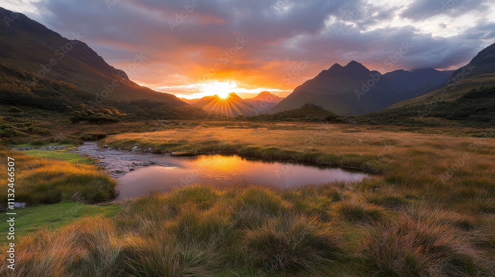 Aufkleber golden light from the sunset enhances the tranquil grassy field, while dramatic clouds and mountains