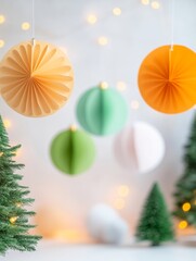 Fototapeta premium Festive Office Decor with Paper Ornaments and Christmas Lights