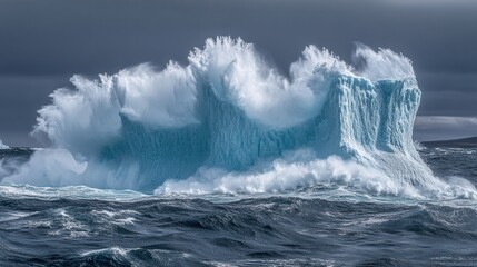Naklejka premium a massive iceberg breaking apart in the ocean, sending waves cascading around it, symbolizing warming temperatures. 