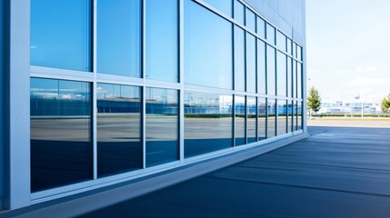 Obraz premium Modern office building features large glass panels that beautifully reflect the surrounding skyline, showcasing a luxurious corporate aesthetic under clear skies