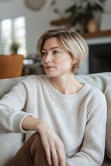 Obraz premium A woman is sitting on a couch with her head tilted to the side. She is wearing a white sweater and has her hands on her lap. The scene is calm and peaceful