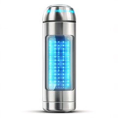A smart water bottle with LED display, tech-savvy theme, watercolor illustration, metallic silver and blue, isolated on white background 