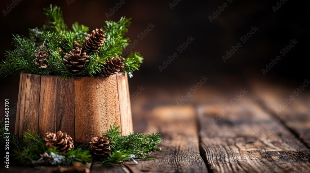 Poster Wooden basket overflowing with evergreen branches and pinecones rests on a rustic wooden table, creating a warm and inviting ambiance with plenty of copy space