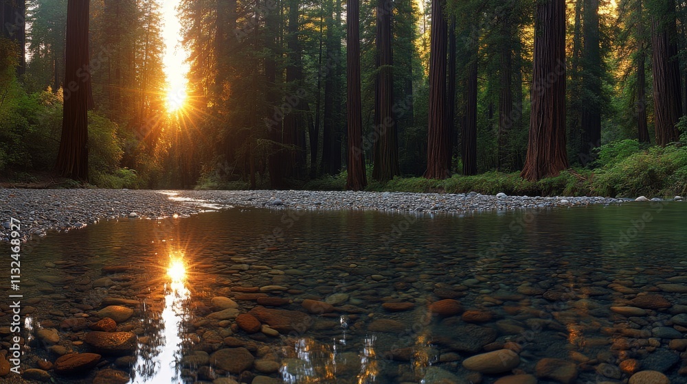 Poster sunlight filters through towering trees illuminating a clear stream, showcasing serene biodiversity 