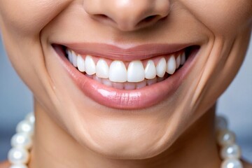 Fototapeta premium A beautiful smile with white teeth. Close-up of a smiling woman with natural plump full lips and a healthy perfect smile. Concepts of teeth whitening, dental health and dental care.