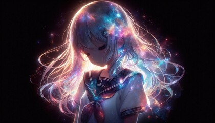 Beautiful anime artwork, a cute anime girl&rsquo;s silhouette, double exposure, iridescent nebula galaxy