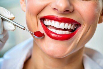 Fototapeta premium A beautiful smile with white teeth. Close-up of a smiling woman with natural plump full lips and a healthy perfect smile. Concepts of teeth whitening, dental health and dental care.