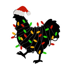 Festive Christmas Rooster Silhouette with Santa Hat and Lights Vector