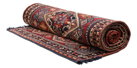 Persian rug rolled up on white background.AI GENERATED