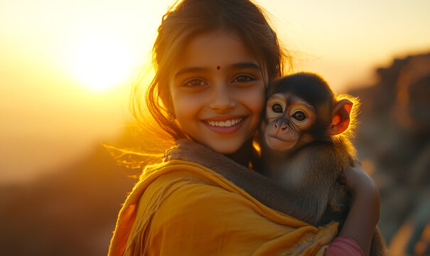 A young Indian girl smiles and holds her pet monkey.