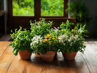 Fototapeta premium Arranging culinary herb and edible flower pots rustic wooden table nature scene cozy kitchen charming herb composition for culinary delights