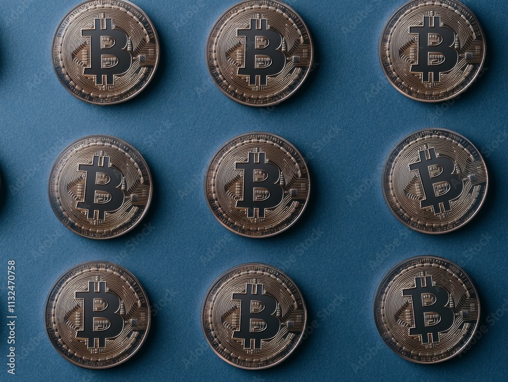 Poster glowing bitcoin coins and blockchain network on dark blue background modern digital finance concept