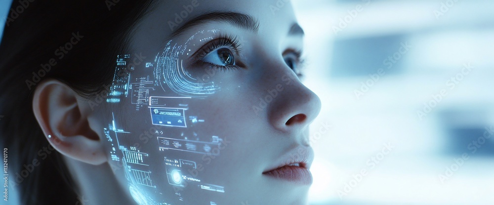 Poster A close-up of a face with digital data projected on it, symbolizing technology.